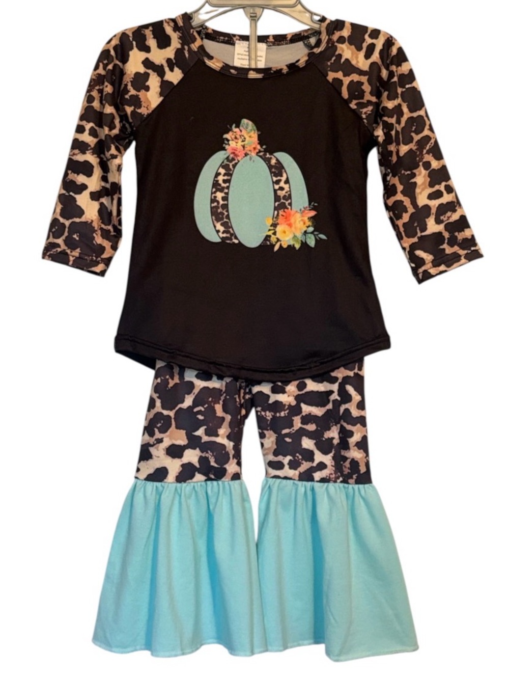 Boutique Fall Halloween Pumpkin Leopard Bell Bottom Outfit Set Size 6-12M New